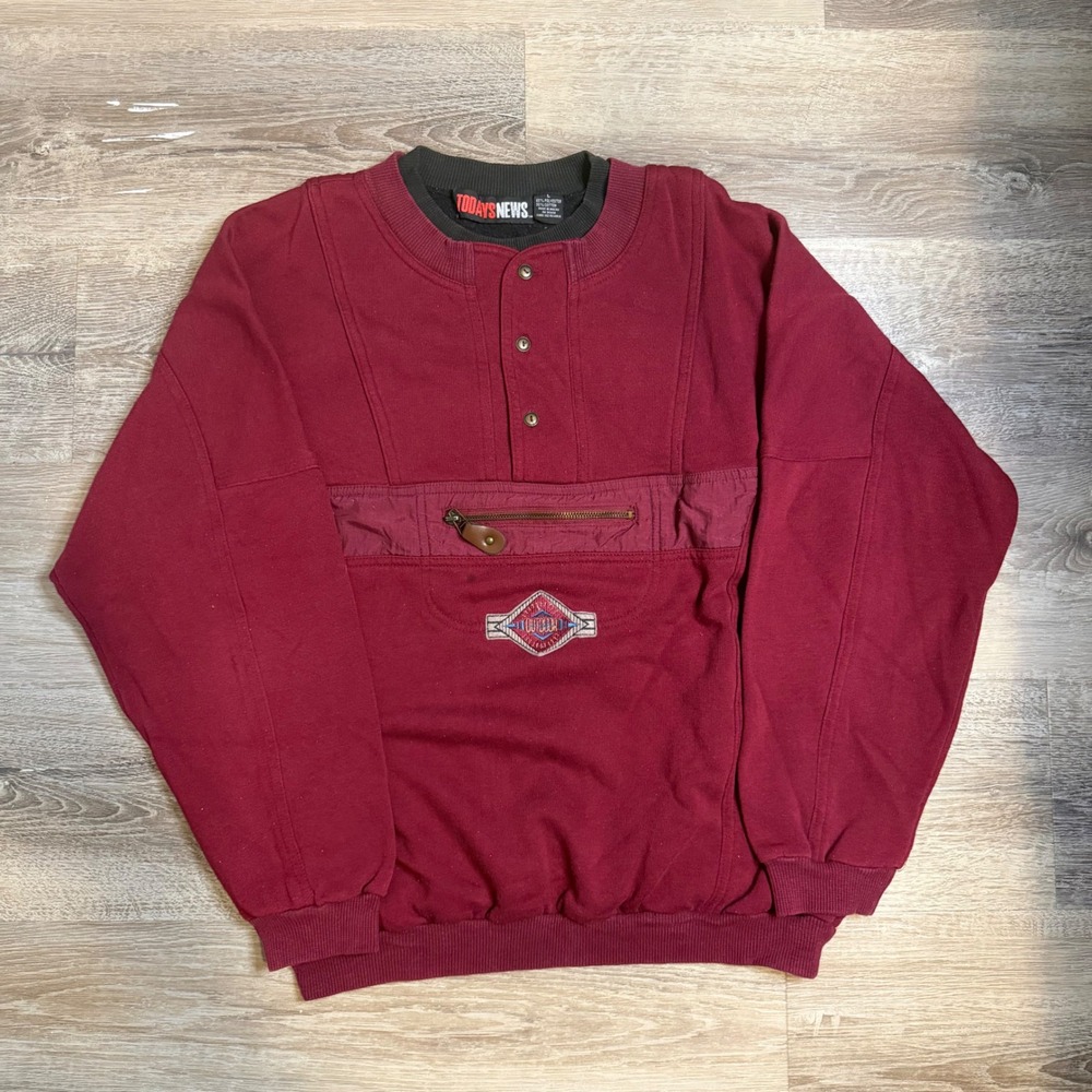 Todays News Vintage Maroon Henley Pullover Sweatshirt Mens Large Outdoor Patch